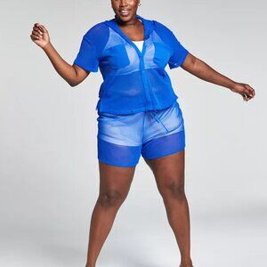 Trendy Plus Size Mesh Hoodie & Shorts Blue